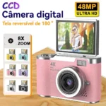 Câmera digital com zoom 4K CCD 8x, adequada para fotografia estudantil, compacta de 48MP, tela flip selfie de 180°